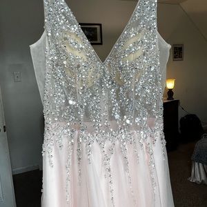 Long A-Line Tulle Prom Dress With Beaded Bodice for $400